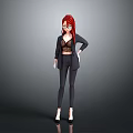 Stylish Red Haired Game Movie Character In Black Blazer Lace Top Glasses And High Heels