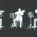 Men In Suits Playing Violins With Music Stands On Gray Background