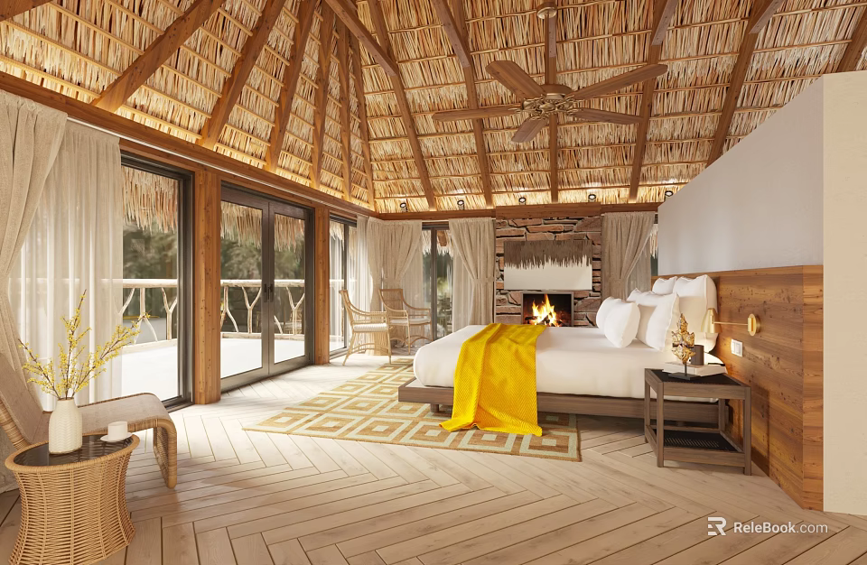 Tropical Vacation Bedroom With Thatched Roof Wooden Floor Large Windows Yellow Blanket And Fireplace 3d model 