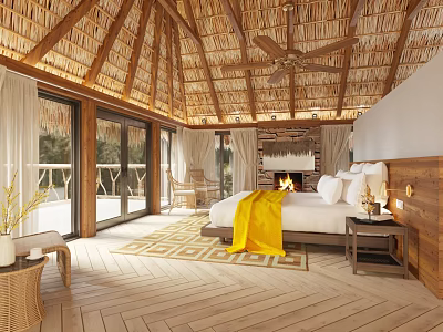 Tropical Vacation Bedroom With Thatched Roof Wooden Floor Large Windows Yellow Blanket And Fireplace 3d model