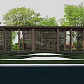 Outdoor Pergola in Modern Landscape with Water Feature Misty Greenery Circular Sculpture and Trees