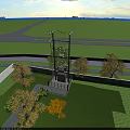 Road Facilities With Tall Cable Structure And Green Vegetation Along Urban Pathway