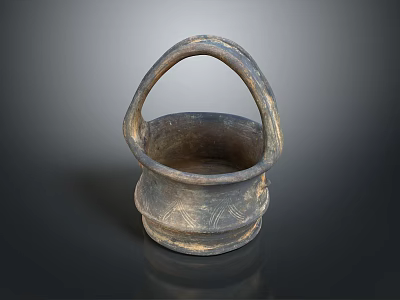 Vintage Handcrafted Pottery Basket With Curved Handle And Textured Design 3d model