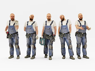 Male Workers In Blue Overalls With Various Poses Holding Tools And Toolbox 3d model