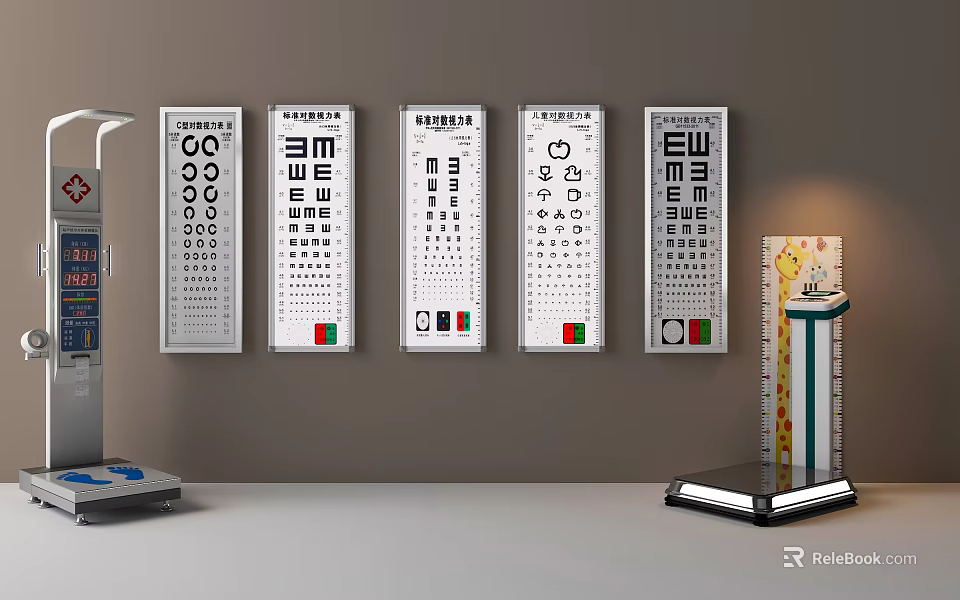 Professional Medical Equipment for Vision Testing Including Multiple Wall Mounted Eye Charts and Tools 3d model 
