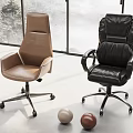 Modern Brown and Black Leather Office Chairs in Bright Interior with Large Windows
