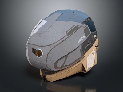 Futuristic UNSC Tactical Helmet With Gray Blue Beige Design And Circular Orbital Light 3d model