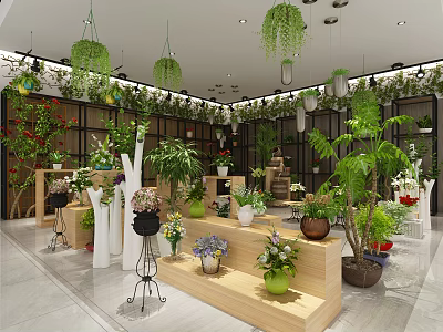 Bright Flower Shop Interior With Various Plants Flowers Hanging Decor And Display Shelves 3d model