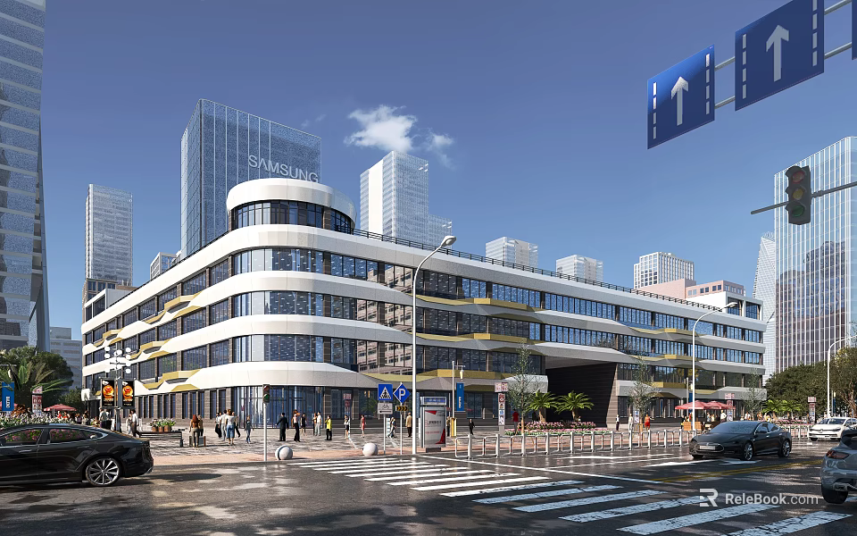 Modern Office Building Exterior With Glass Curtain Wall Curved Design Urban Street And Pedestrians 3d model 