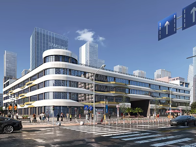 Modern Office Building Exterior With Glass Curtain Wall Curved Design Urban Street And Pedestrians 3d model