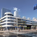 Modern Office Building Exterior With Glass Curtain Wall Curved Design Urban Street And Pedestrians