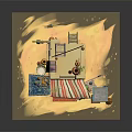 Cartoon Scene With Yellow Building Red White Striped Awning And Decorative Items On Sandy Ground