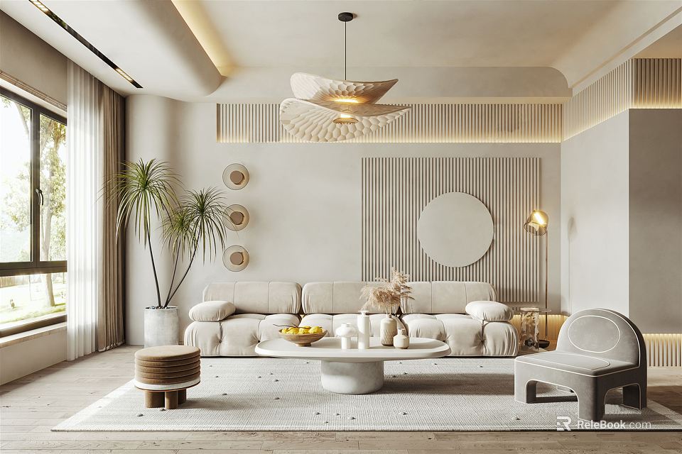 Modern Living Room Interior With White Sofa Round Chandelier Green Plants And Circular Wall Art 3d model 