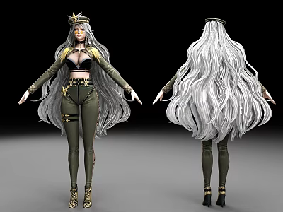 Woman In Black And Gold Outfit With Long White Hair 3D Model Front Back View 3d model