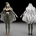 Woman In Black And Gold Outfit With Long White Hair 3D Model Front Back View
