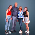 Four People Family Group Standing Together With Colorful Outfits On Blue Background