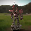 Mech Robot With Glowing Core Red Flag And Rocky Legs Stands By Coastal Bridge