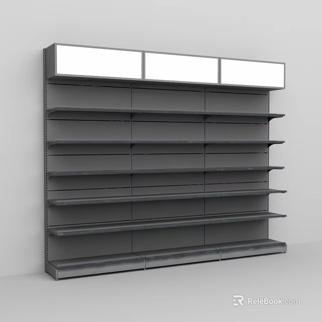 Empty Gray Retail Shelving Unit With Multiple Shelves And Top Panels 3d model