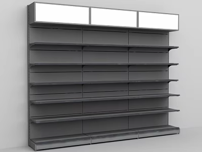 Empty Gray Retail Shelving Unit With Multiple Shelves And Top Panels 3d model