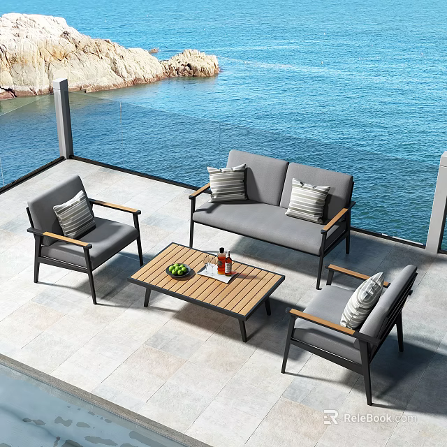 Modern Outdoor Sofa With Accent Chairs Coffee Table On Sea View Patio With Ocean Rocks 3d model 