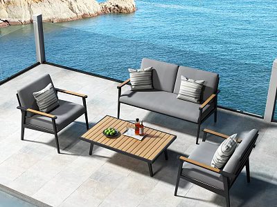 Modern Outdoor Sofa With Accent Chairs Coffee Table On Sea View Patio With Ocean Rocks 3d model