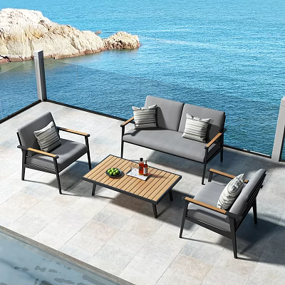 Modern Outdoor Sofa With Accent Chairs Coffee Table On Sea View Patio With Ocean Rocks 3d model