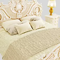Ornate European Double Bed With Carved Headboard Light Bedding Side Nightstands Gold Lamps Beige Shades