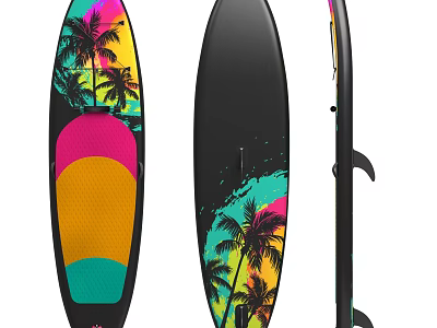 Colorful Paddle Boards with Palm Tree Patterns and Gradient Design for Water Recreation Fun 3d model