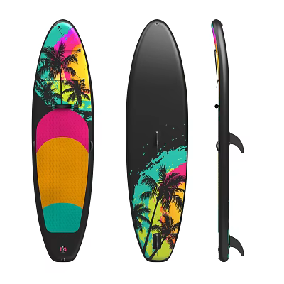 Colorful Paddle Boards with Palm Tree Patterns and Gradient Design for Water Recreation Fun 3d model