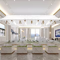 Modern Real Estate Sales Office Interior With Marble Reception Counter Hanging Chandeliers And Seating Area