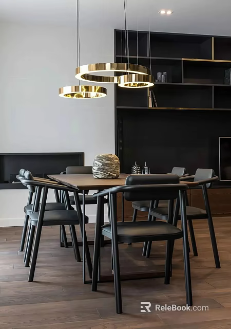 Modern Dining Table Set with Black Chairs Gold Pendant Lights Woven Decor and Black Shelves 3d model 