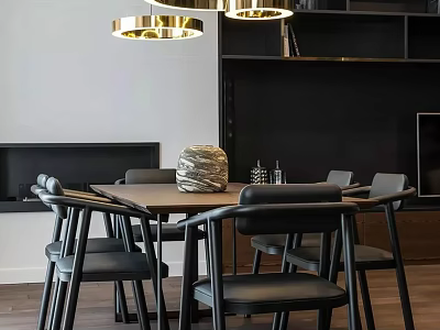 Modern Dining Table Set with Black Chairs Gold Pendant Lights Woven Decor and Black Shelves 3d model