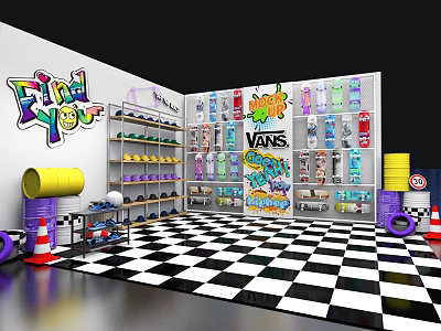 VANS Shoe Store Interior With Colorful Graffiti Display Shelves And Checkered Floor 3d model
