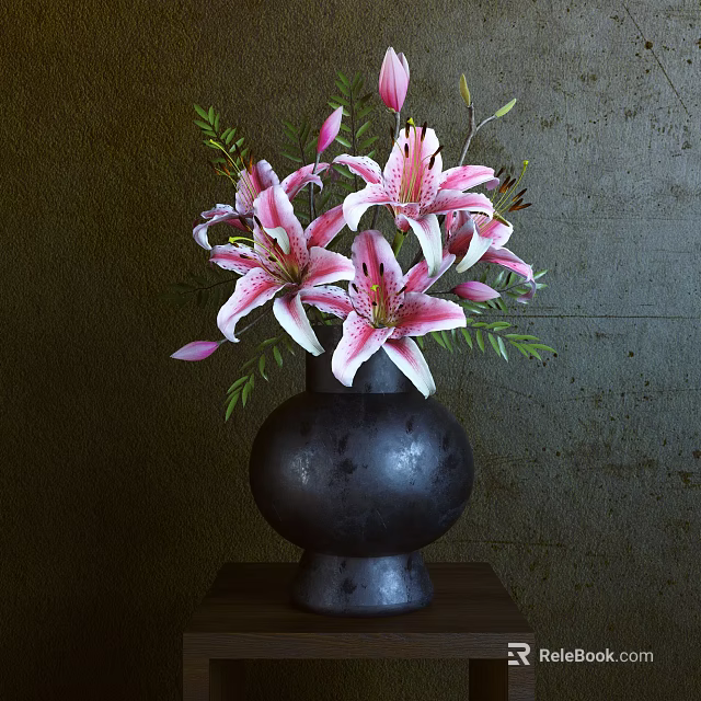 Decorative Ornament Set With Black Vase Pink And White Lilies Green Leaves Wooden Base 3d model 