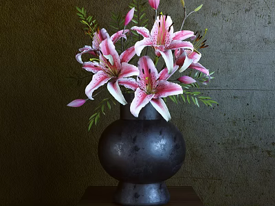 Decorative Ornament Set With Black Vase Pink And White Lilies Green Leaves Wooden Base 3d model