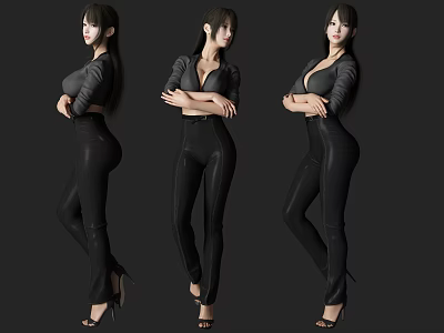 Woman In Black Tight Suit And High Heels Posing In Different Angles Against Dark Background 3d model