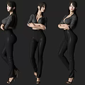 Woman In Black Tight Suit And High Heels Posing In Different Angles Against Dark Background