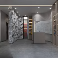 Exhibition Hall Interior Design With Gray Walls Central Table Chairs Bookshelves And Decorations