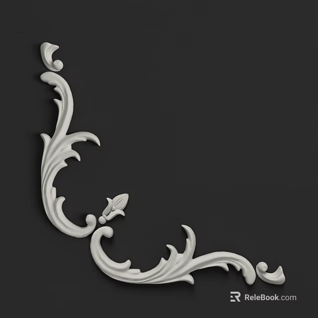 Intricate White Corner Carving Design Featuring Curved Scroll Patterns And Leaf Motifs On Black Background 3d model 