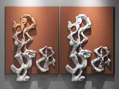 Abstract Sculptural Wall Decor With Brown Panels And White Orange Art Pieces 3d model