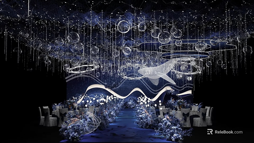 Elegant Banquet Hall Interior With Starry Ceiling Decor Blue Lighting And Floral Arrangements 3d model 