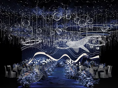 Elegant Banquet Hall Interior With Starry Ceiling Decor Blue Lighting And Floral Arrangements 3d model