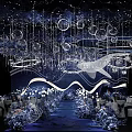 Elegant Banquet Hall Interior With Starry Ceiling Decor Blue Lighting And Floral Arrangements