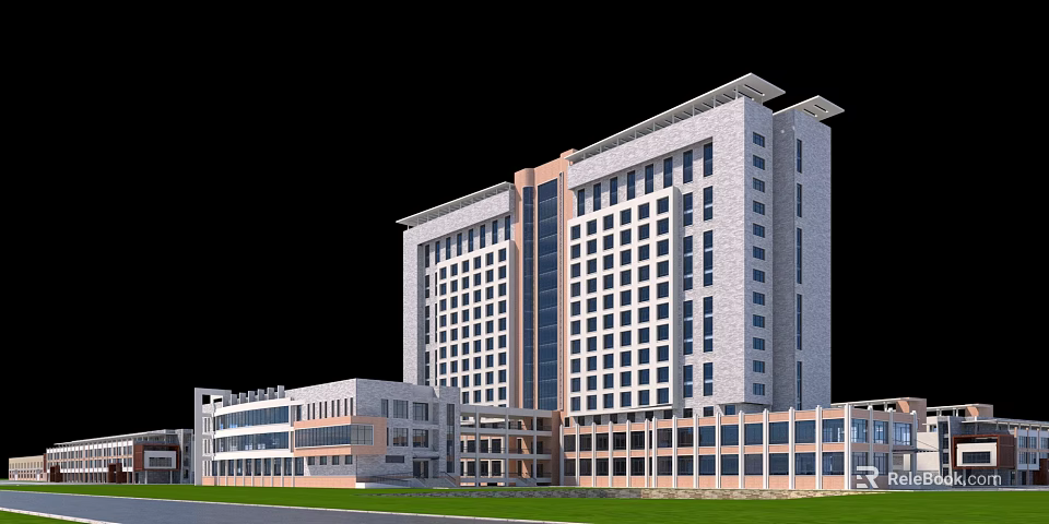 Modern Office Building Facade With Multi story Structure Large Glass Windows And Green Lawn 3d model 