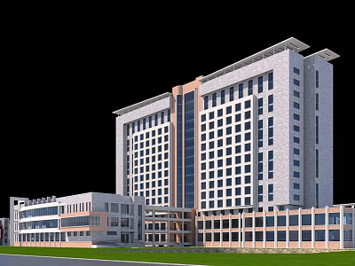 Modern Office Building Facade With Multi story Structure Large Glass Windows And Green Lawn 3d model