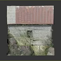 Old Wooden House Model With Red Metal Roof Worn Walls Mossy Exterior And Stone Base