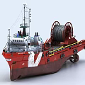 Red Rusted Work Vessel with Large Cable Reels Superstructure Antennas and Side Buoys