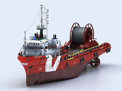 Red Rusted Work Vessel with Large Cable Reels Superstructure Antennas and Side Buoys 3d model