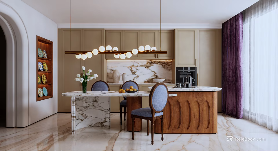Modern Dining Room Interior With Marble Countertop Wooden Cabinets Pendant Lights And Vase With Flowers 3d model 