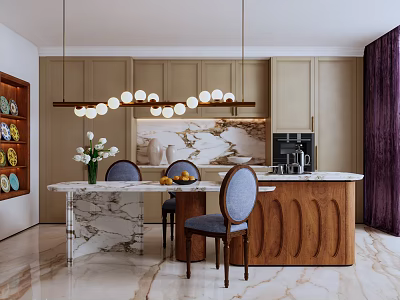 Modern Dining Room Interior With Marble Countertop Wooden Cabinets Pendant Lights And Vase With Flowers 3d model